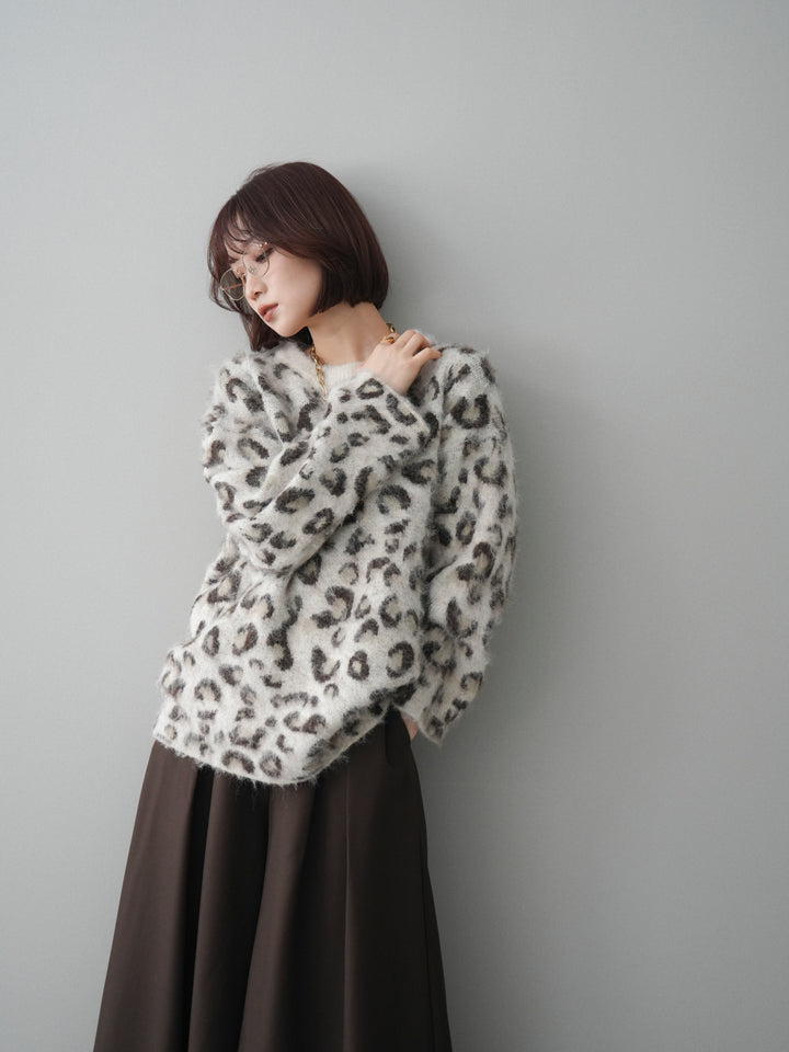 [SET]レオパードシャギーニットプルオーバー+テープベルトタックバギーパンツ(2set)