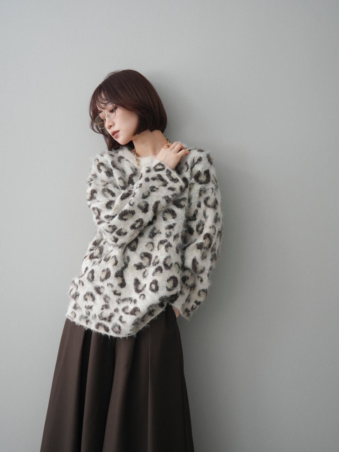 [SET]レオパードシャギーニットプルオーバー+選べるアクセセット(2set)
