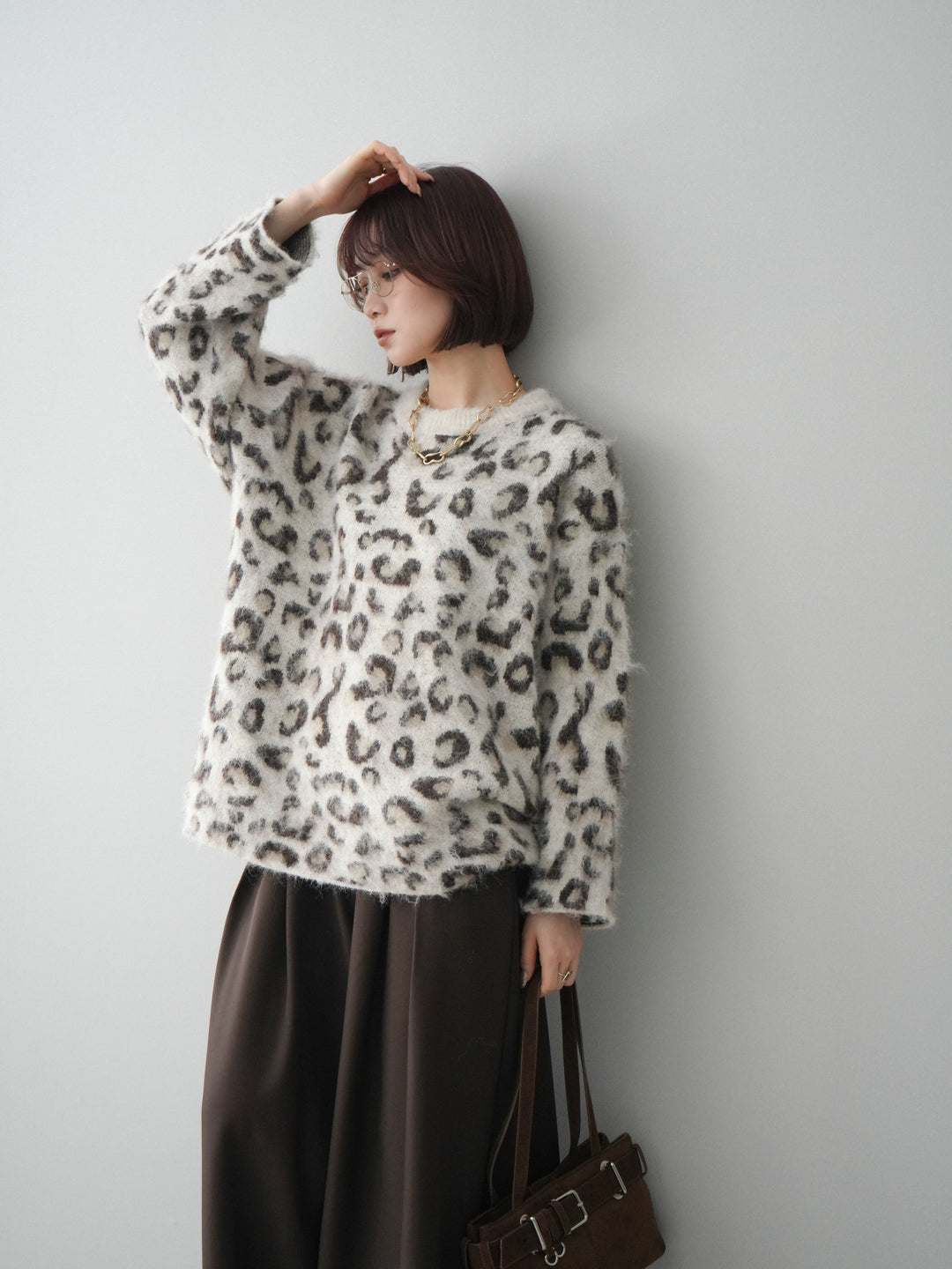 [SET]レオパードシャギーニットプルオーバー+テープベルトタックバギーパンツ(2set)