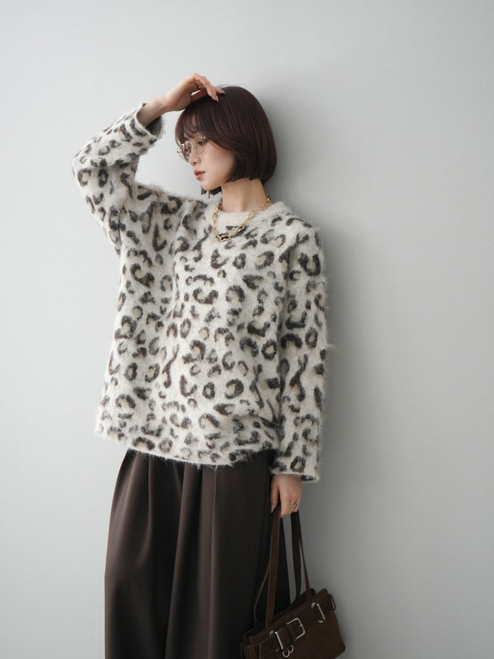 [SET]レオパードシャギーニットプルオーバー+テープベルトタックバギーパンツ(2set)