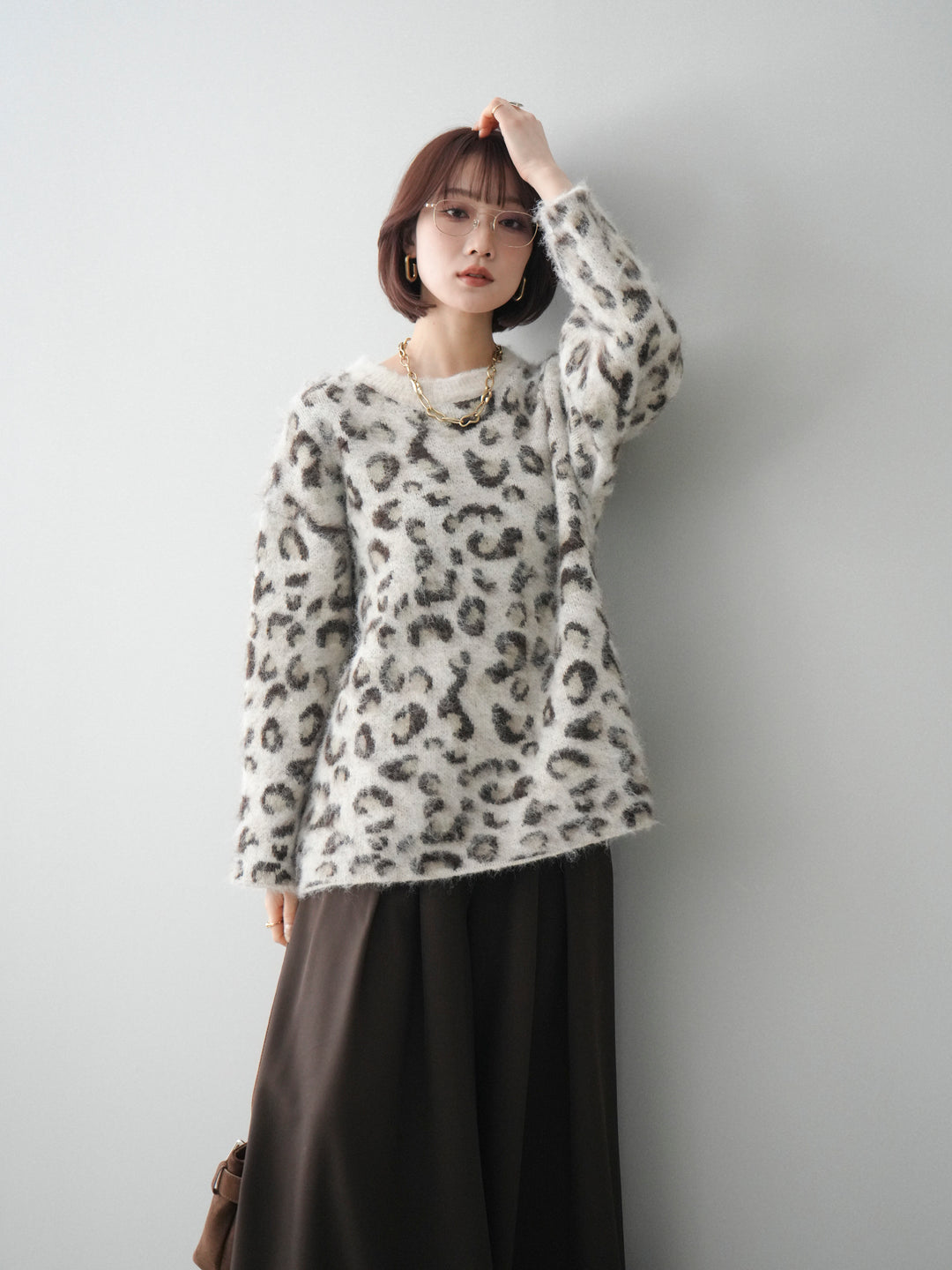 [SET]レオパードシャギーニットプルオーバー+テープベルトタックバギーパンツ(2set)