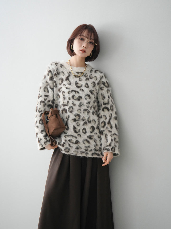 [SET]レオパードシャギーニットプルオーバー+テープベルトタックバギーパンツ(2set)
