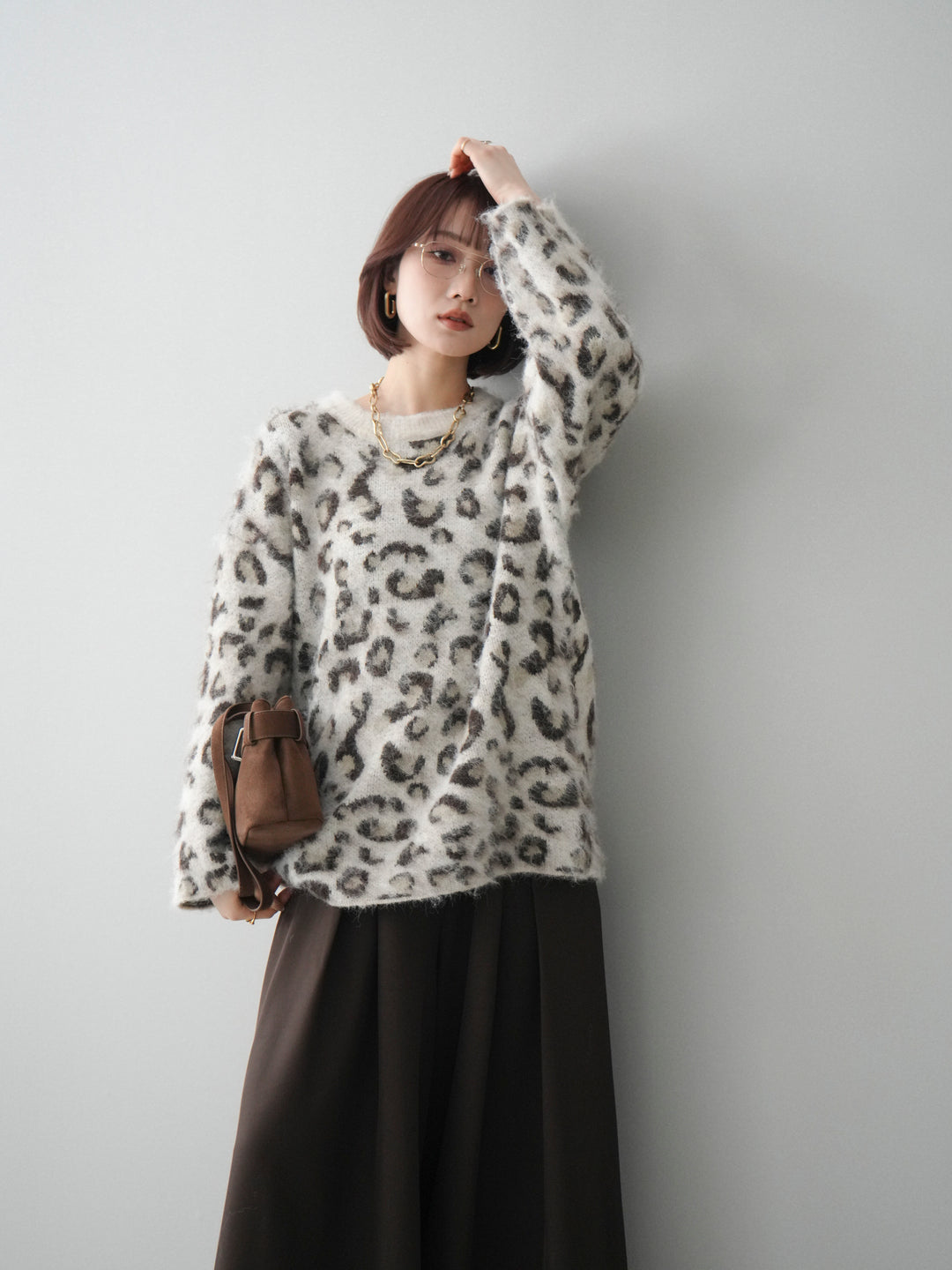 [SET]レオパードシャギーニットプルオーバー+テープベルトタックバギーパンツ(2set)