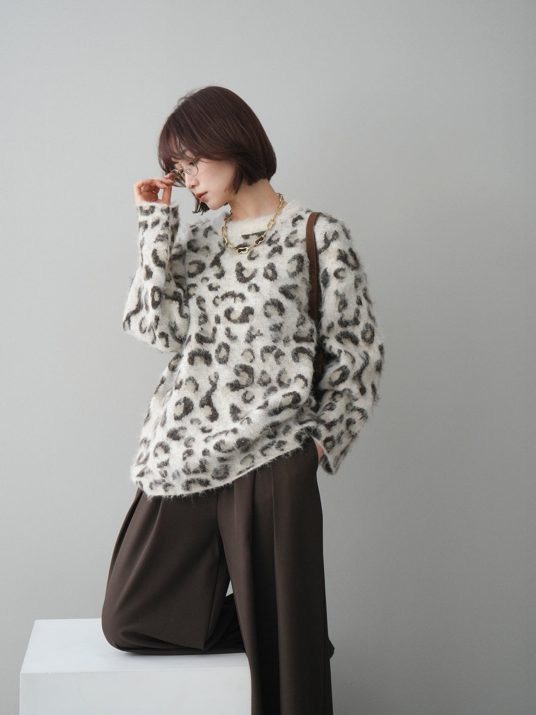 [SET]レオパードシャギーニットプルオーバー+テープベルトタックバギーパンツ(2set)