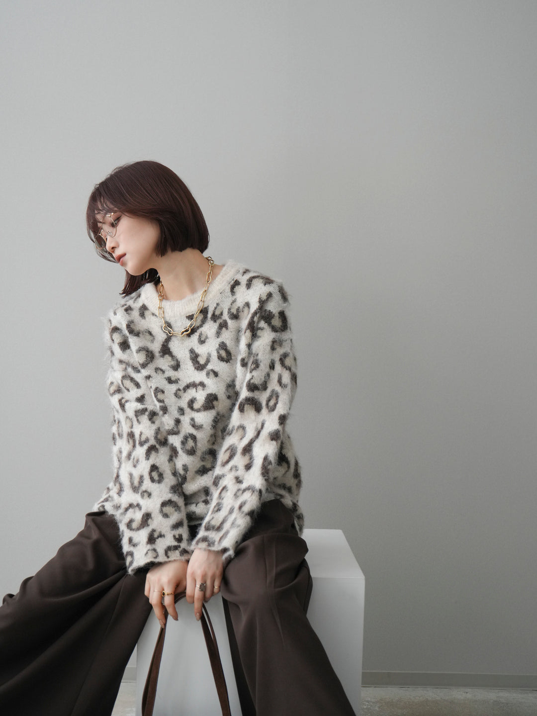 [SET]レオパードシャギーニットプルオーバー+テープベルトタックバギーパンツ(2set)