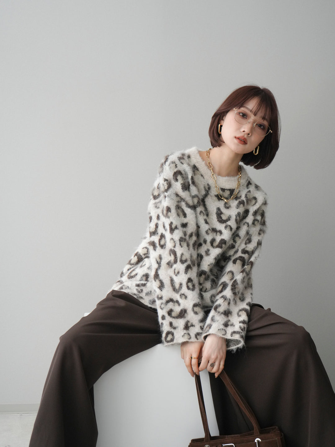 [SET]レオパードシャギーニットプルオーバー+テープベルトタックバギーパンツ(2set)