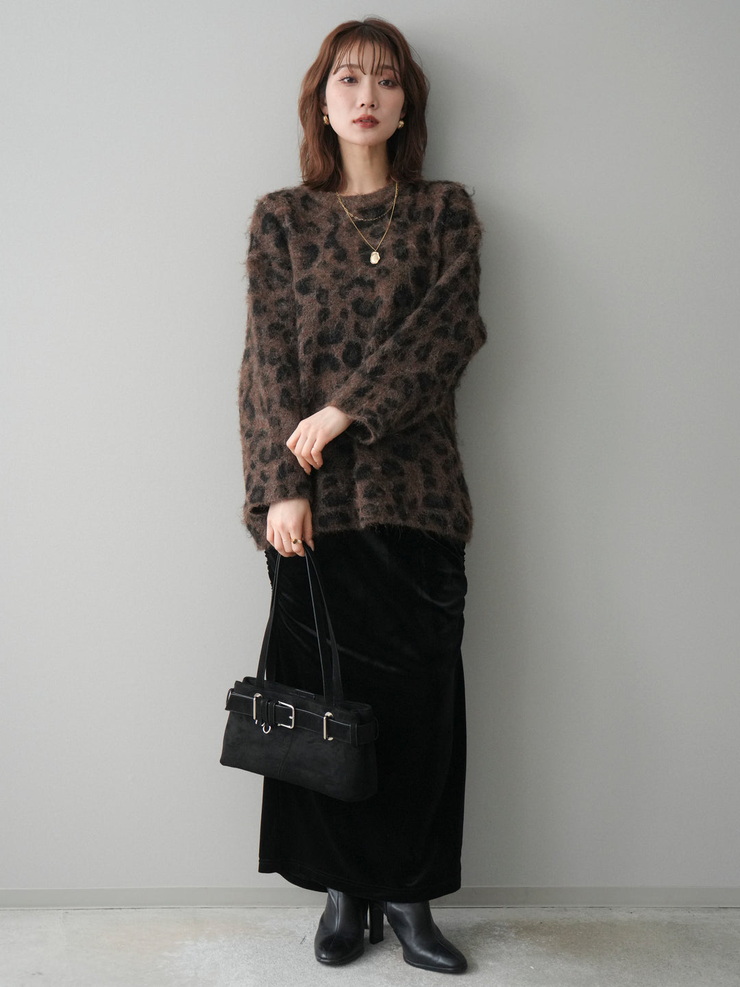 [SET]レオパードシャギーニットプルオーバー+ギャザーベロアスカート(2set)