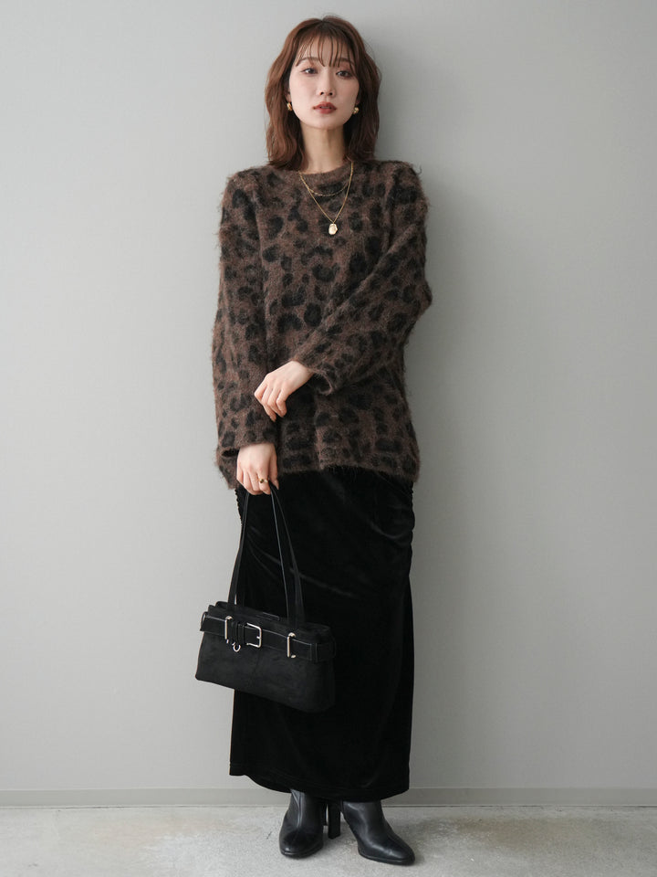 [SET]レオパードシャギーニットプルオーバー+ギャザーベロアスカート(2set)