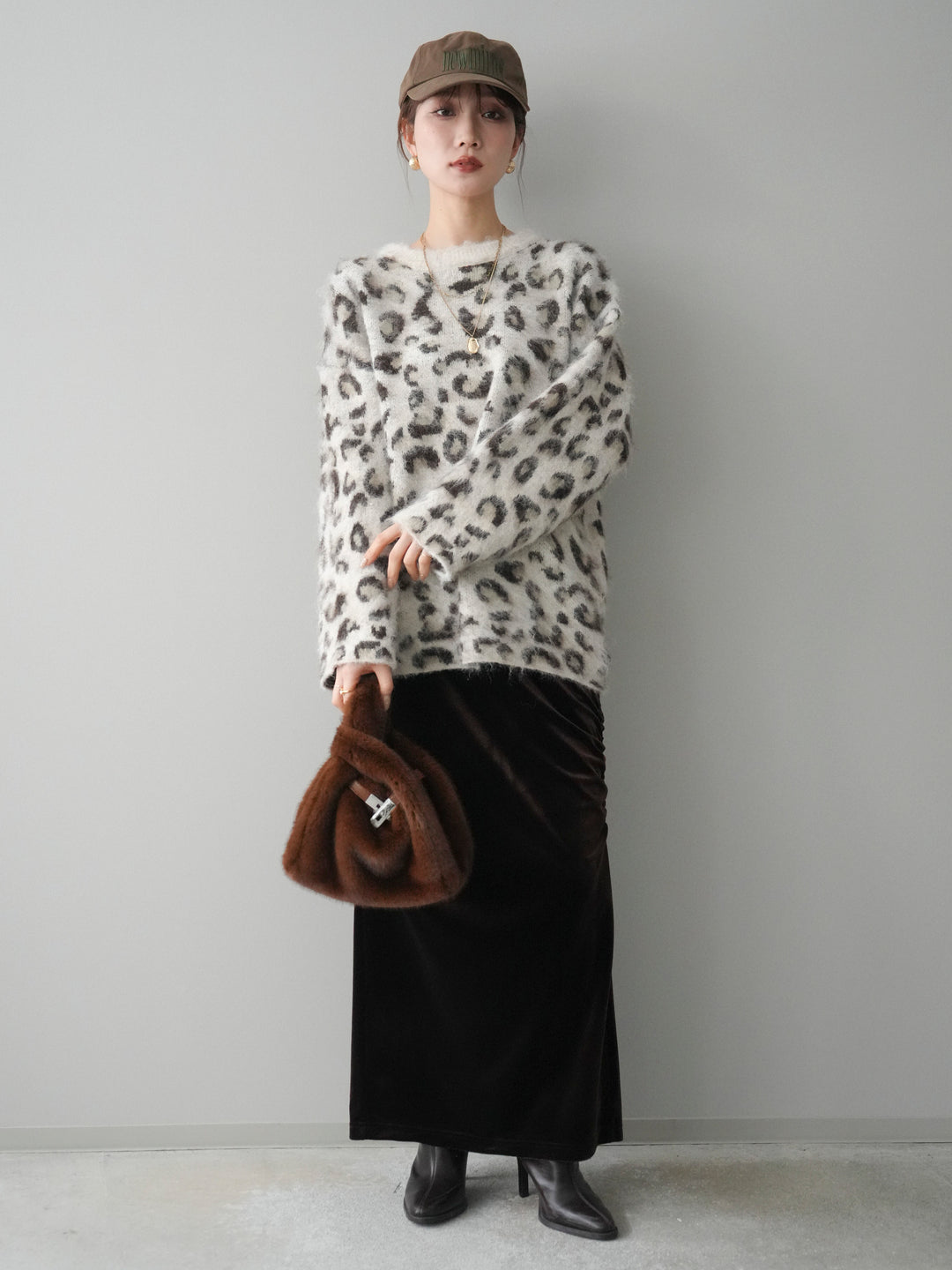 [SET]レオパードシャギーニットプルオーバー+ギャザーベロアスカート(2set)