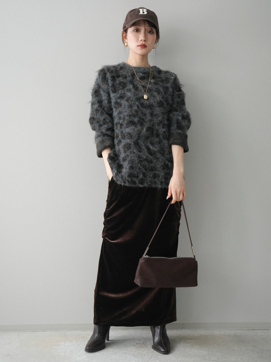 [SET]レオパードシャギーニットプルオーバー+ギャザーベロアスカート(2set)