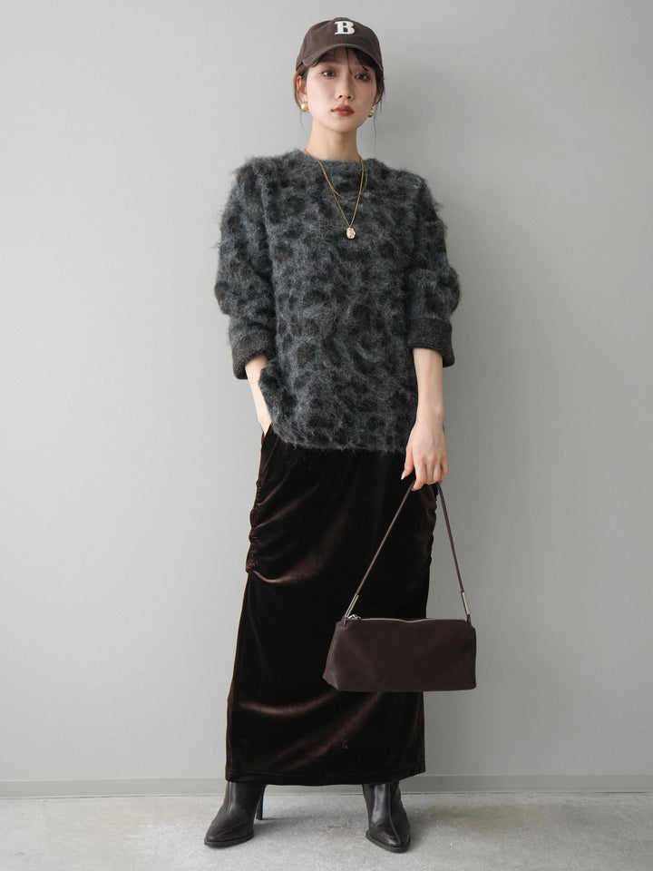 [SET]レオパードシャギーニットプルオーバー+ギャザーベロアスカート(2set)