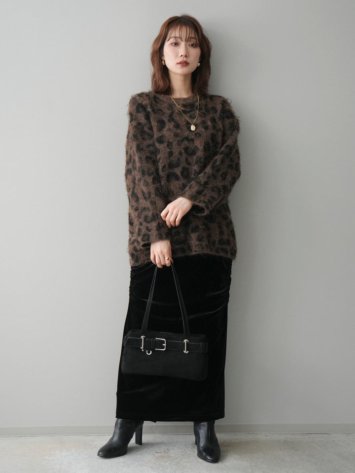[SET]レオパードシャギーニットプルオーバー+ギャザーベロアスカート(2set)