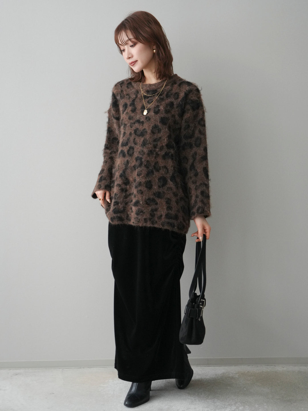 [SET]レオパードシャギーニットプルオーバー+ギャザーベロアスカート(2set)