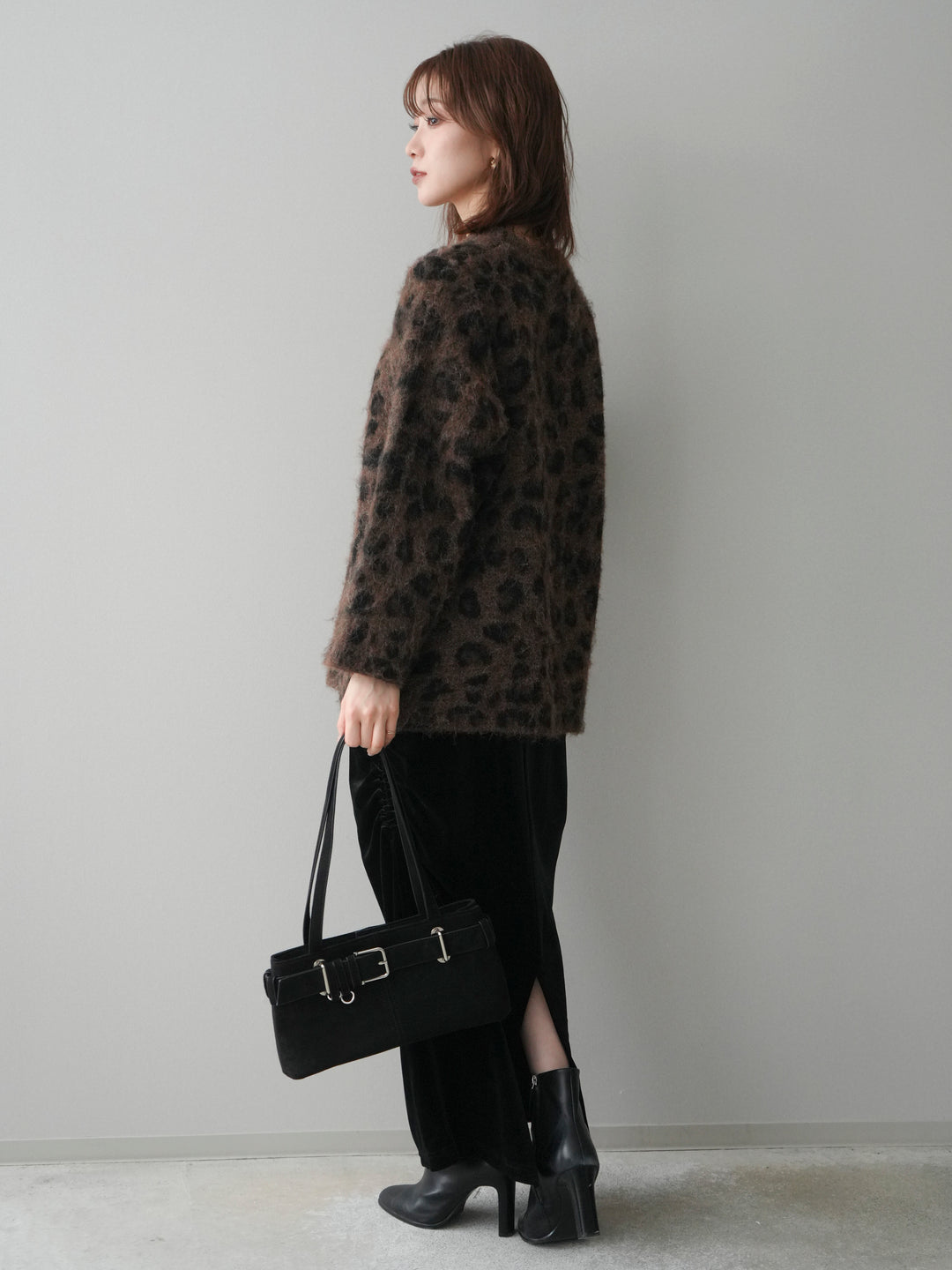 [SET]レオパードシャギーニットプルオーバー+ギャザーベロアスカート(2set)