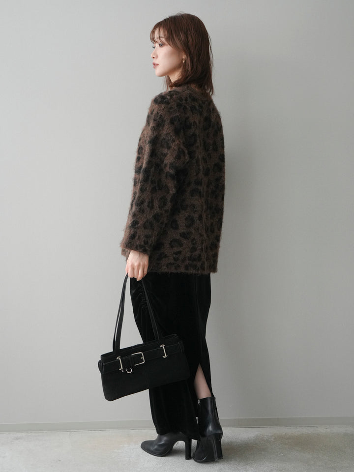 [SET]レオパードシャギーニットプルオーバー+ギャザーベロアスカート(2set)