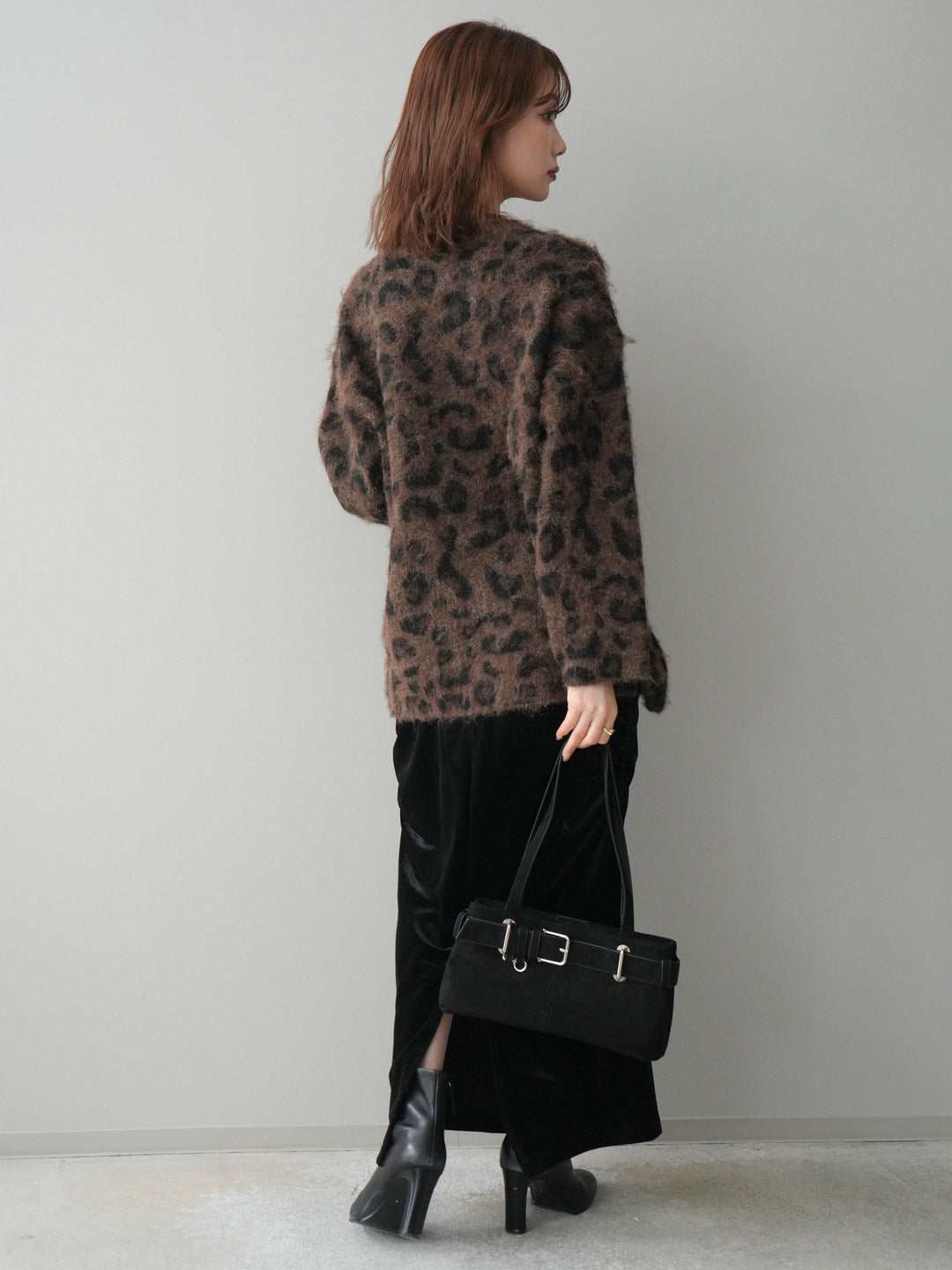 [SET]レオパードシャギーニットプルオーバー+ギャザーベロアスカート(2set)