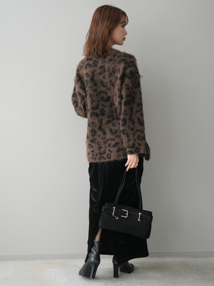 [SET]レオパードシャギーニットプルオーバー+ギャザーベロアスカート(2set)