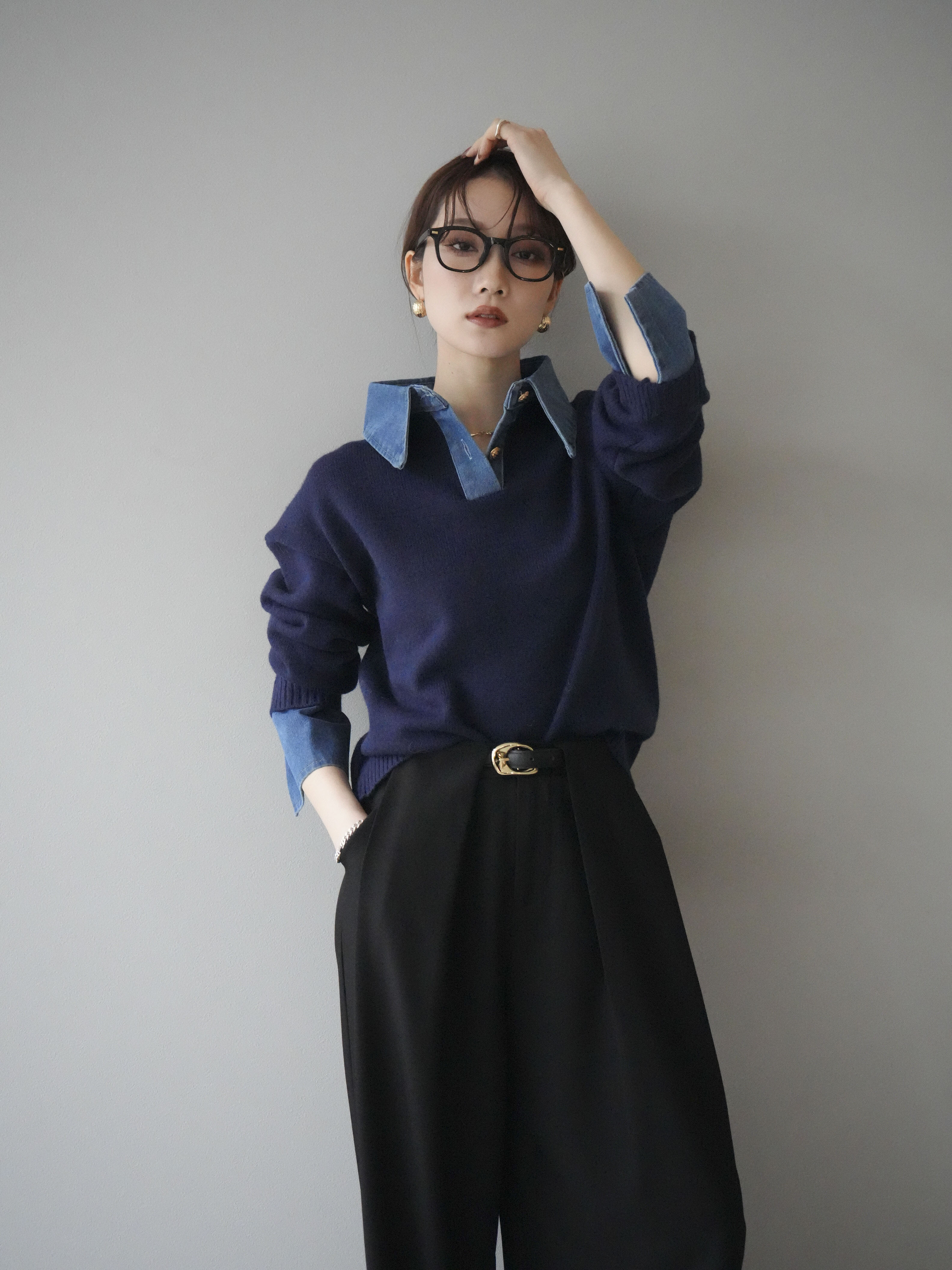 SET]デニム襟ポロニットプルオーバー+デニム襟ポロニットプルオーバー