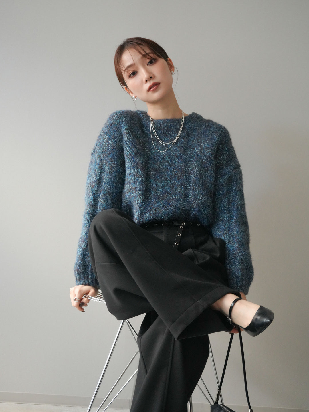 [予約]ワイドケーブルミックスニットプルオーバー/blue