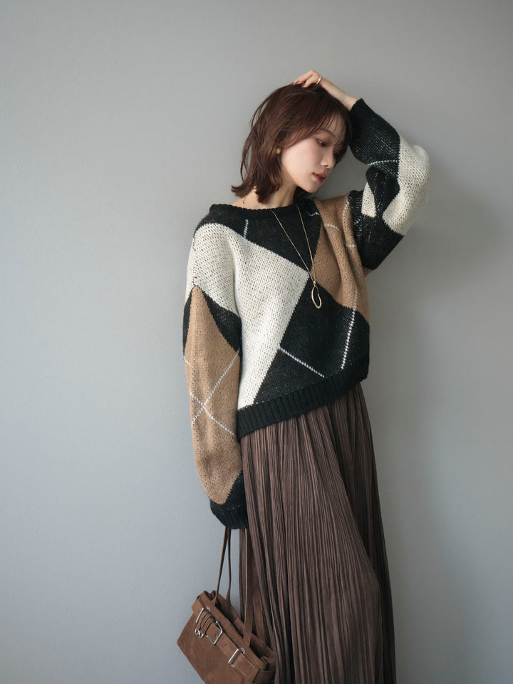 [SET]配色ステッチアーガイル柄ニットプルオーバー+裾レーススウェードプリーツマキシスカート(2set)