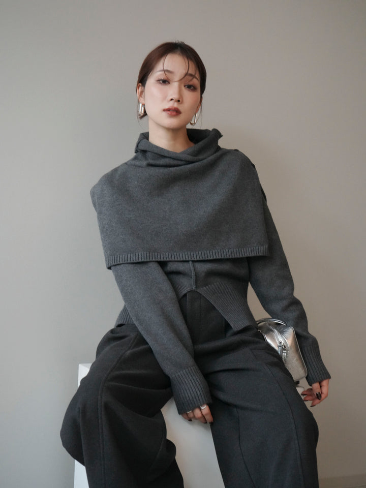[予約]フロントスリットネックアンサンブルニット/charcoal