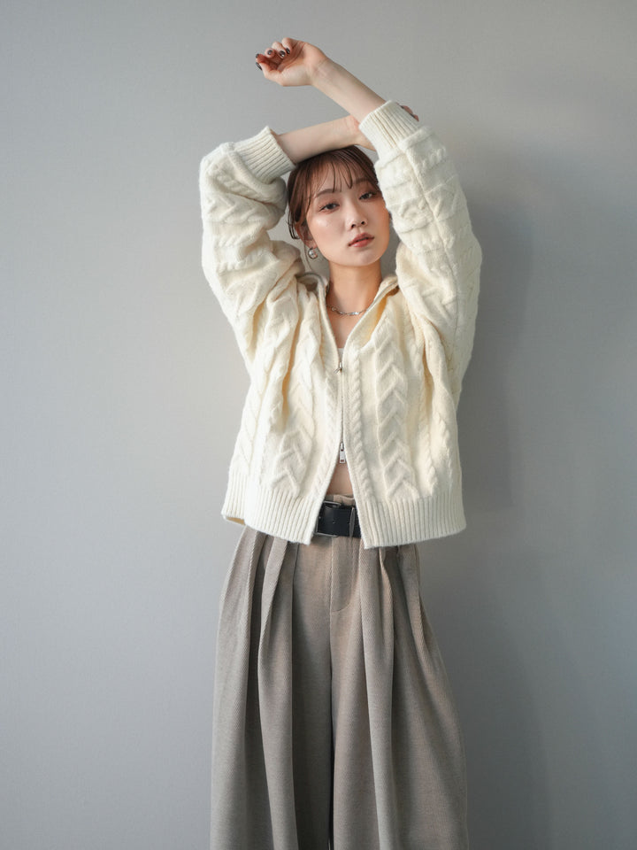 [SET]ケーブル編みハイネックZIPニットカーディガン+選べるアクセセット(2set)