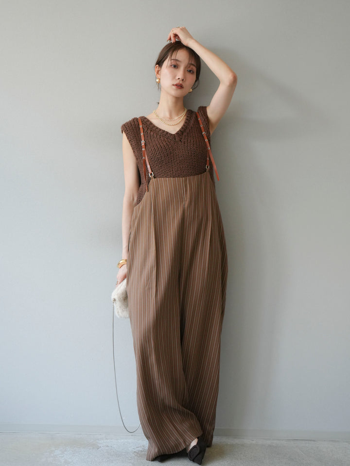 [予約]ヘリンボーンストライプサロペット/ブラウン