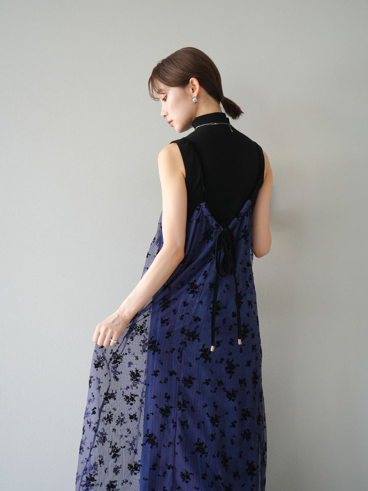 [SET]フロッキーチュールレイヤードベロアキャミワンピース+プチネックセンターシームノースリーニットトップス(2set)