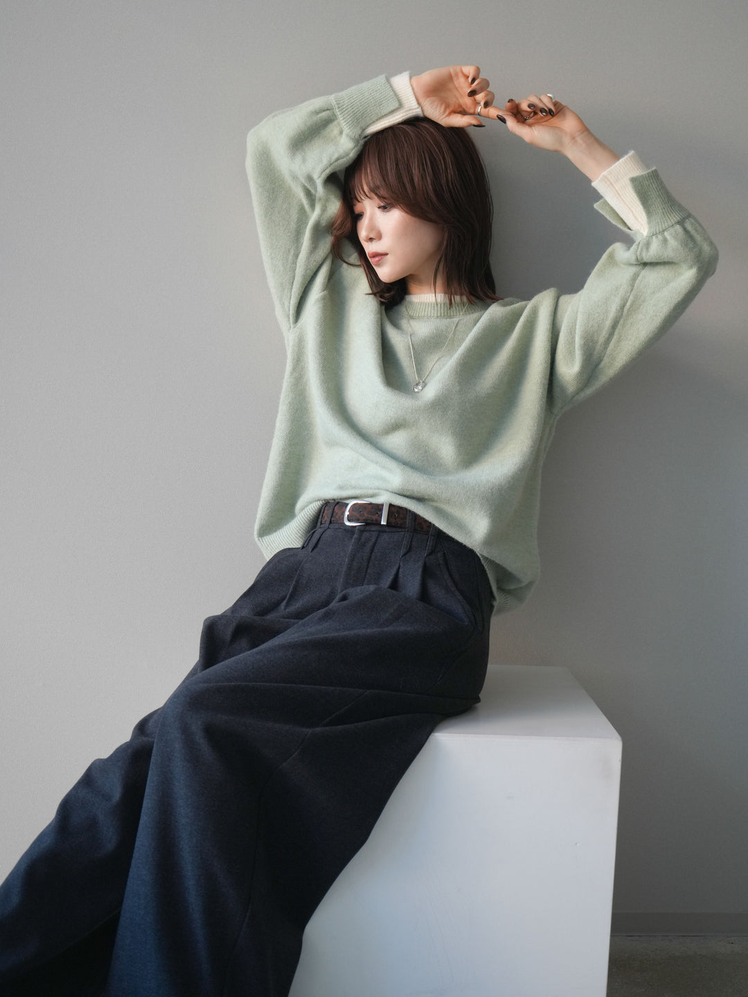 [予約]ヘンリーネック配色レイヤードニットプルオーバー/mint