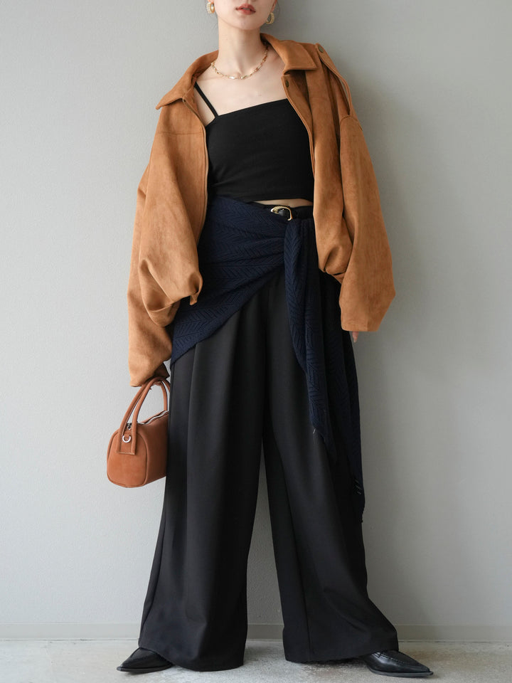 [預購] 皮帶環設計寬褲/黑色