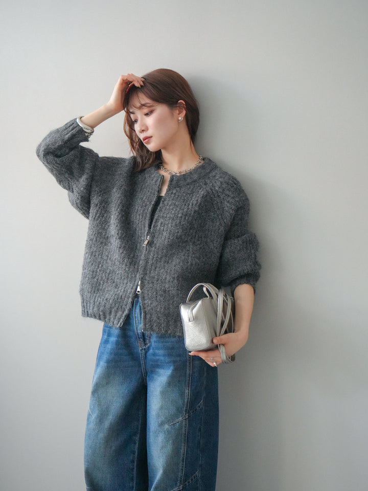 [予約]MIXヤーンモヘアタッチZIPニットカーディガン/gray
