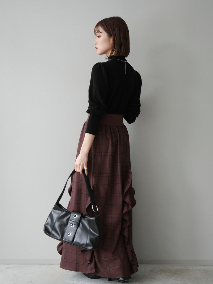 [SET]プチネックパワーショルダー起毛トップス+チェック柄フリルハイウエストマキシスカート(2set)