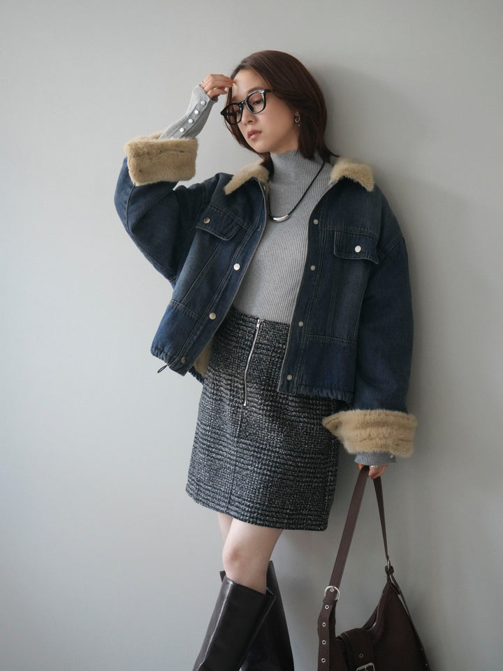 [予約]デニム×ファーステンカラーショートジャケット/blue