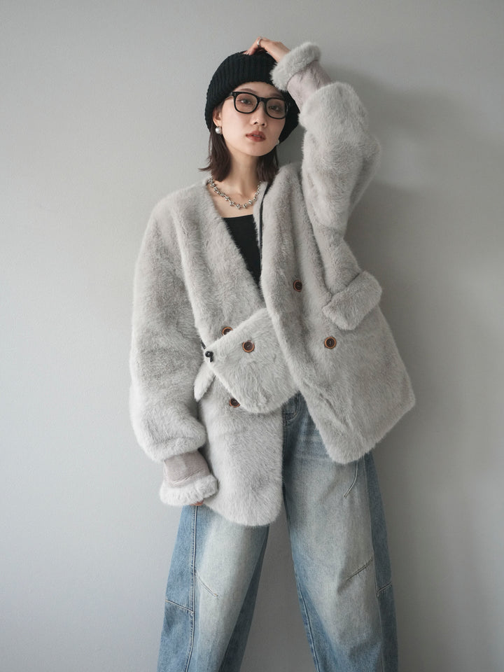 [SET]バッグ付エコファーノーカラーコート+ベルト付カーブデニムパンツ(2set)