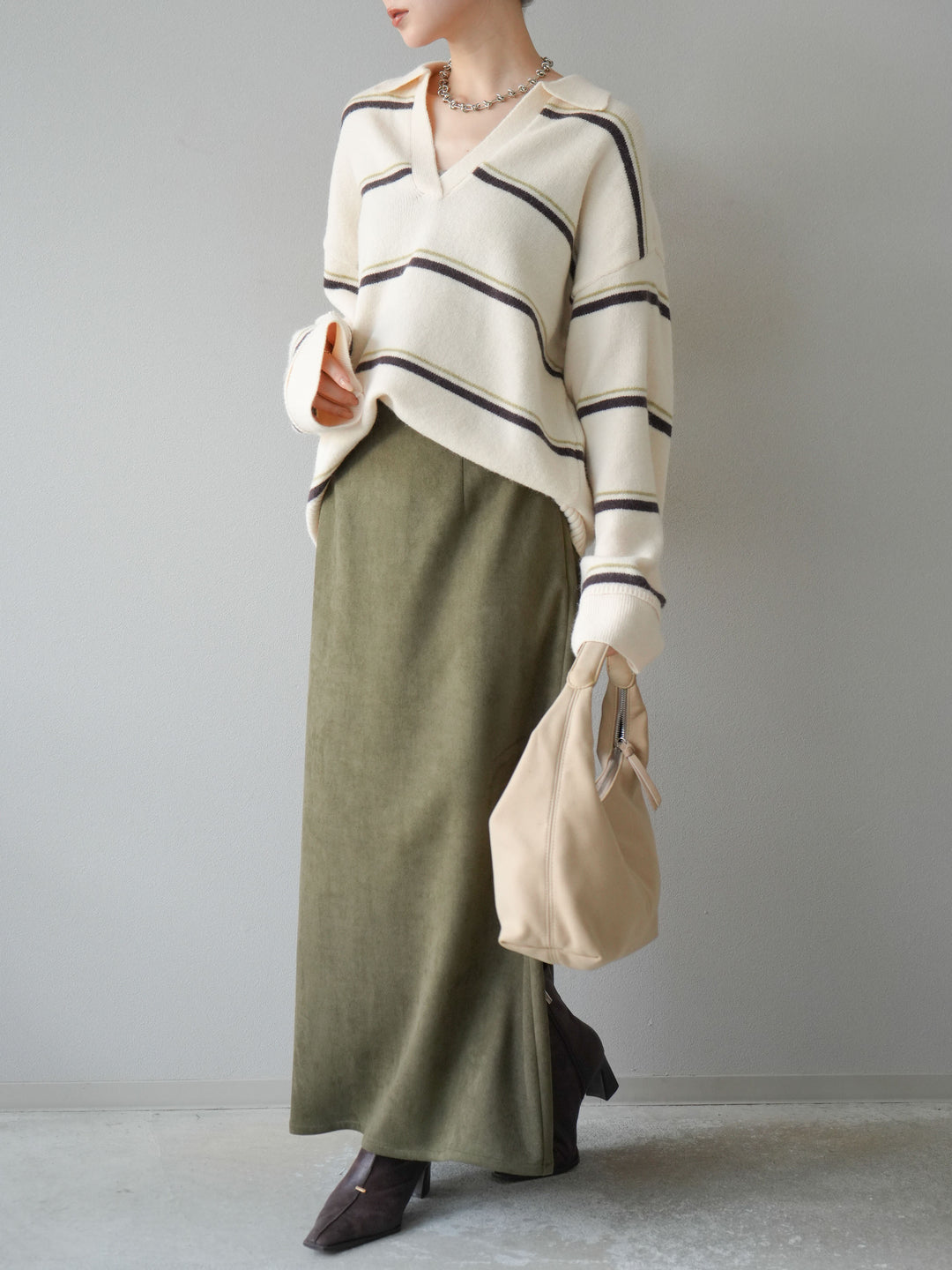 [SET]ポロ襟スキッパーボーダーニットプルオーバー+スウェードIラインスカート(2set)