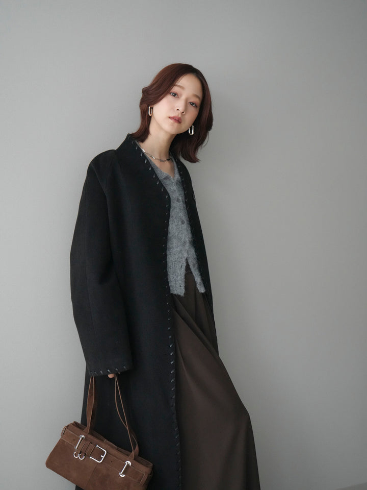 [SET]ハンドステッチ裏中綿ロングコート+テープベルトタックバギーパンツ(2set)