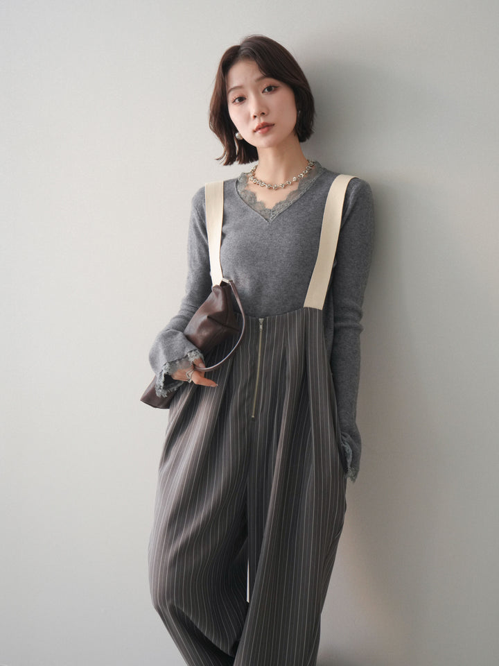 [予約]レースドッキングVネックニットトップス/gray