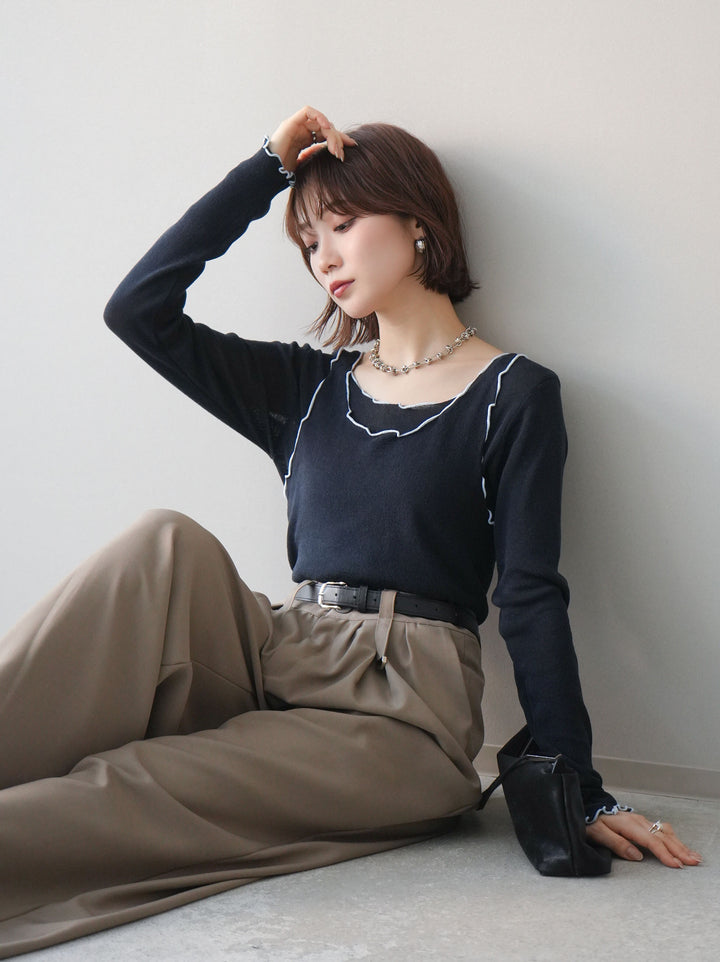 [予約]バイカラーメローアンサンブルシアーニットトップス/navy