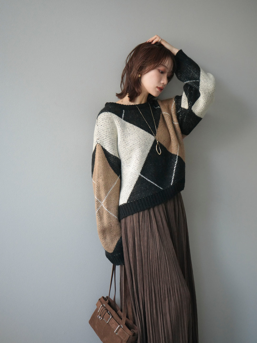 [SET]配色ステッチアーガイル柄ニットプルオーバー+選べるアクセセット(2set)