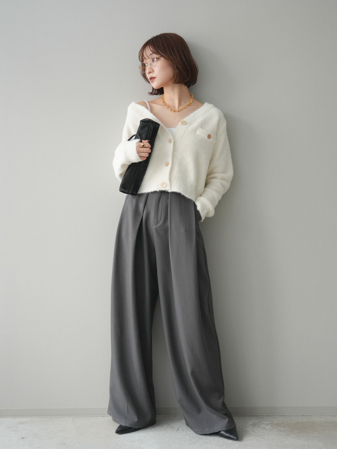 [SET]ゴールドボタンモールニットカーディガン+ベルトループデザインワイドパンツ(2set)