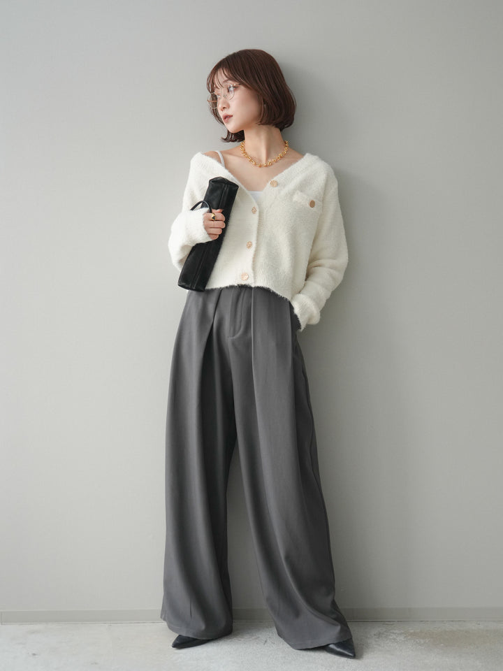 [SET]ゴールドボタンモールニットカーディガン+ベルトループデザインワイドパンツ(2set)