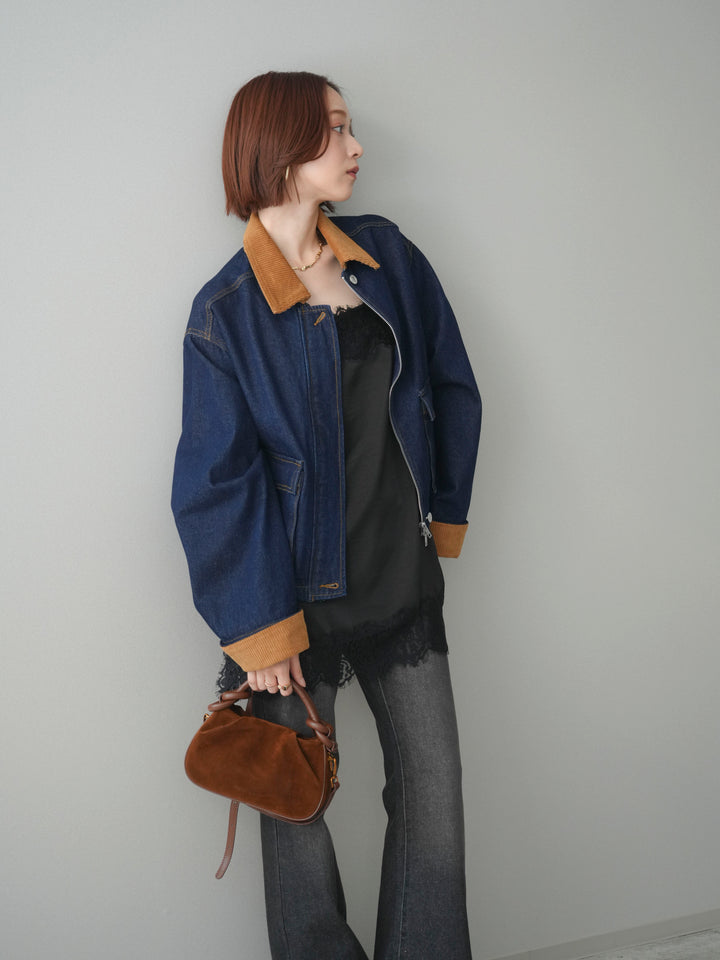 [予約]コーデュロイ×デニムショートカバーオール/indigo