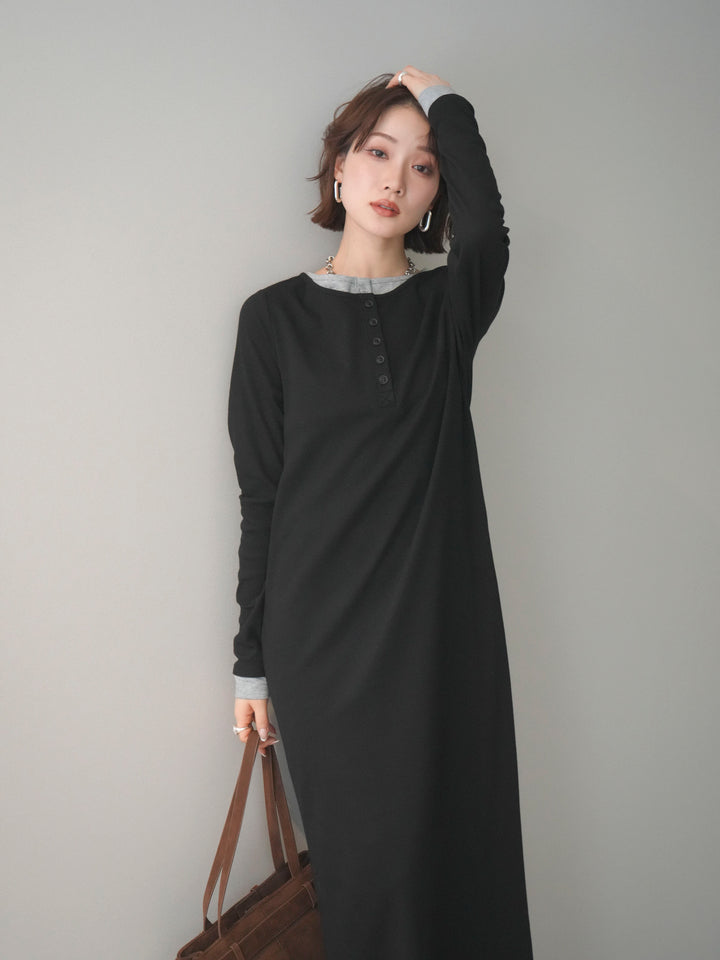 [予約]配色レイヤードヘンリーネックカットリブワンピース/black