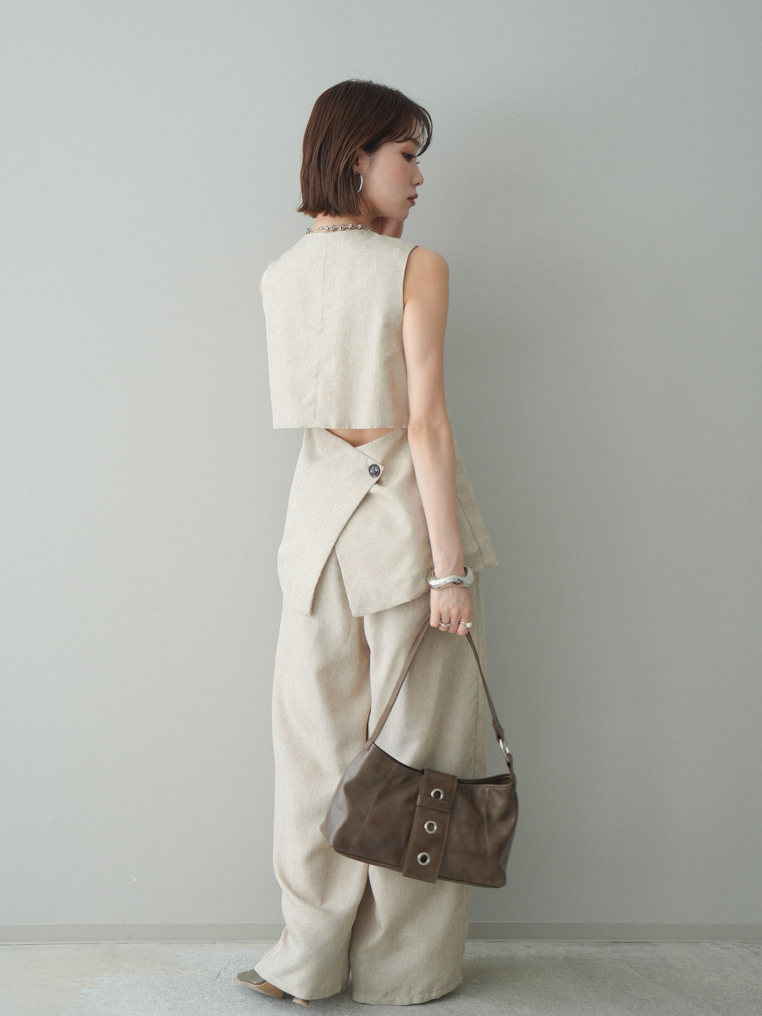 [予約]リネンライクタックワイドパンツ/oatmeal