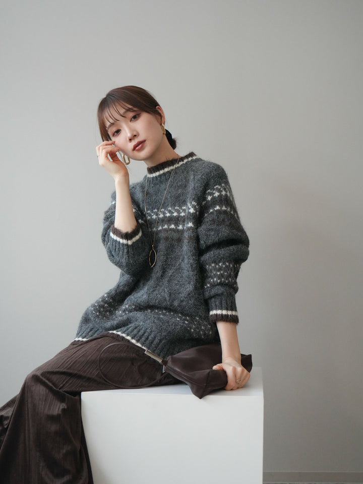[予約]裾配色ノルディック柄ニットプルオーバー/gray
