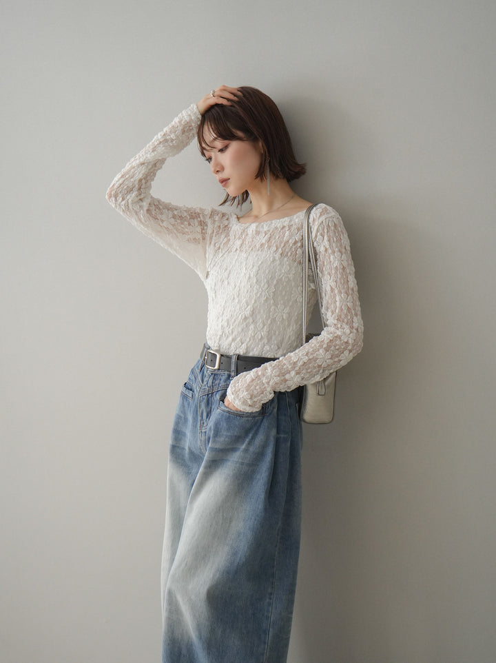 [予約]サイドギャザーレーストップス/white