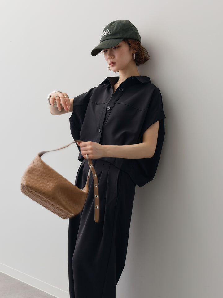 【套裝】縐綢燈籠無袖襯衫 + 縐綢闊腿褲（兩件套）