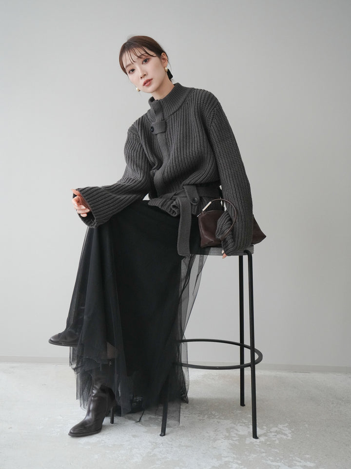 [SET]畦編みボトルネックZIPニットカーディガン+選べるアクセセット(2set)