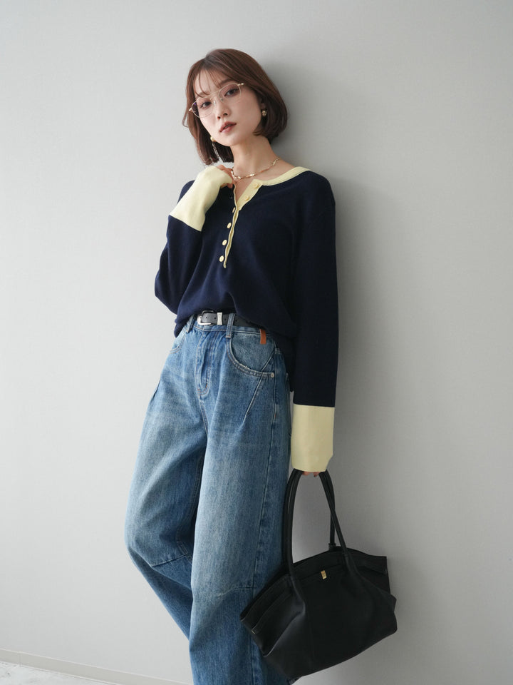 [予約]ヘンリーネック配色ニットソー/navy