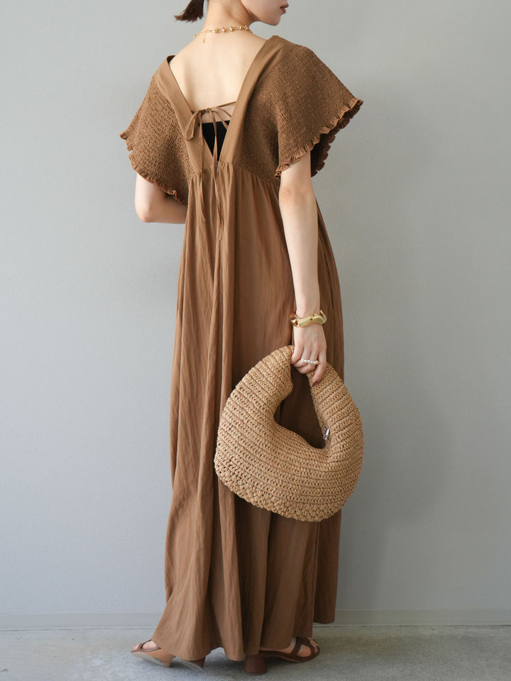 [SET] 褶皺V領連身裙 + 褶皺V領連身裙 (2件套)